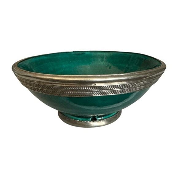 Vintage Green Silver Trimmed Moroccan SAFI Serving Bowl - Picture 3 of 10